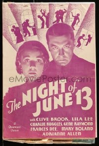 4s821 NIGHT OF JUNE 13 pressbook 1932 Clive Brook behind scared Lila Lee, great portrait, rare!