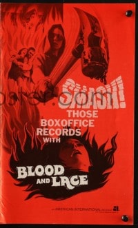 4s578 BLOOD & LACE pressbook 1971 AIP, gruesome horror image of wacky cultist w/bloody hammer!