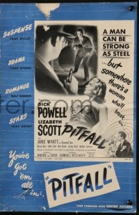 4s862 PITFALL pressbook 1948 Dick Powell is as strong as steel but Lizabeth Scott will break him!