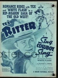 4s916 SING COWBOY SING pressbook 1937 Tex Ritter & White Flash in a saga of the Old West!