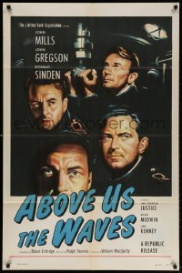 4t020 ABOVE US THE WAVES 1sh 1956 art of John Mills & English WWII sailors at periscope in sub!