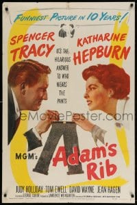 4t027 ADAM'S RIB 1sh 1949 Spencer Tracy & Katharine Hepburn fight over who wears the pants!
