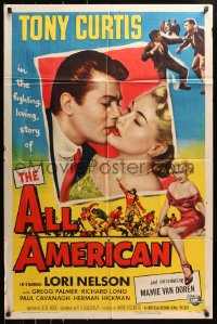 4t038 ALL AMERICAN 1sh 1953 Tony Curtis kissing Mamie Van Doren in her first movie, football!
