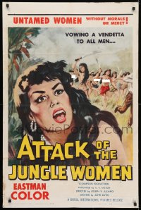 4t059 ATTACK OF THE JUNGLE WOMEN 1sh 1959 sexy untamed topless women without morals or mercy!