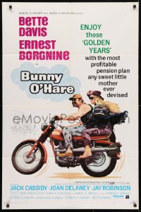 4t149 BUNNY O'HARE 1sh 1971 great image of Bette Davis & Ernest Borgnine on Triumph motorcycle!