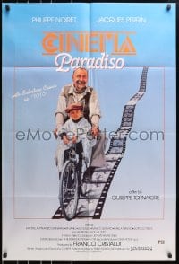 4t176 CINEMA PARADISO int'l 1sh 1990 great image of Philippe Noiret & Salvatore Cascio on bike!