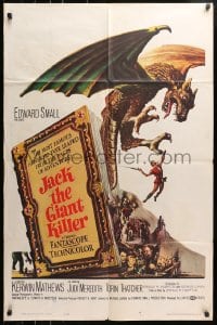 4t451 JACK THE GIANT KILLER 1sh 1962 cool fantasy art of Kerwin Mathews battling dragon from book!