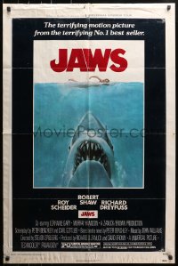 4t454 JAWS 1sh 1975 Kastel art of Steven Spielberg's classic man-eating shark attacking swimmer!