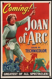 4t458 JOAN OF ARC teaser 1sh 1948 full-length art of Ingrid Bergman in armor with sword!