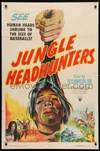 4t474 JUNGLE HEADHUNTERS 1sh 1951 wild shrunken head artwork, voodoo documentary!
