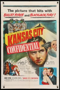 4t476 KANSAS CITY CONFIDENTIAL 1sh 1952 John Payne, Coleen Gray, bullet force & blackjack fury!