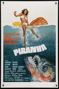 4t666 PIRANHA 1sh 1978 Roger Corman, great art of man-eating fish & sexy girl by John Solie!