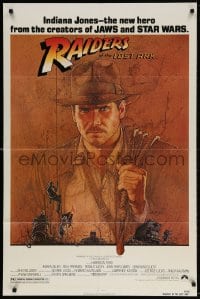 4t699 RAIDERS OF THE LOST ARK 1sh 1981 Richard Amsel art of Harrison Ford, Steven Spielberg!