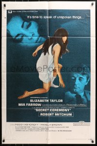 4t758 SECRET CEREMONY 1sh 1968 Elizabeth Taylor, Mia Farrow, Robert Mitchum, blue background!
