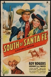 4t794 SOUTH OF SANTA FE 1sh 1942 art of Roy Rogers, Gabby & pretty Linda Hayes in New Mexico!