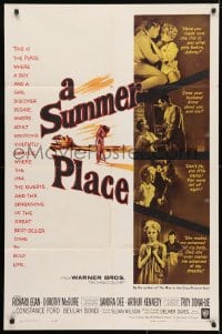 4t834 SUMMER PLACE 1sh 1959 Sandra Dee & Troy Donahue in young lovers classic, cool cast montage!