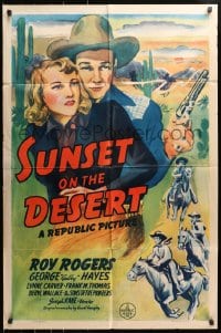 4t839 SUNSET ON THE DESERT 1sh 1942 great artwork of cowboy Roy Rogers with smoking gun & gal!