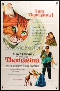 4t888 THREE LIVES OF THOMASINA 1sh 1964 Walt Disney, great art of winking & smiling cat!