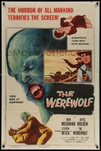 4t963 WEREWOLF 1sh 1956 two great wolf-man horror images, it happens before your horrified eyes!