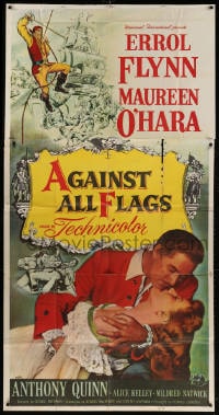 4w021 AGAINST ALL FLAGS 3sh 1952 different image of pirate Errol Flynn romancing Maureen O'Hara!