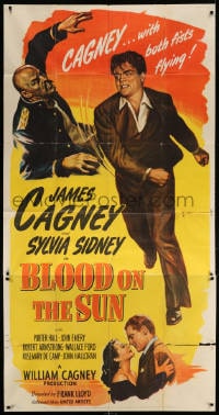 4w043 BLOOD ON THE SUN 3sh 1945 art of James Cagney with both fists flying + sexy Sylvia Sidney!