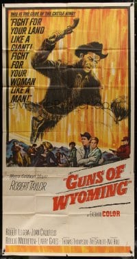 4w047 CATTLE KING 3sh 1963 cool art of Robert Taylor about to pistol-whip guy, Guns of Wyoming!