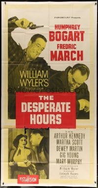 4w059 DESPERATE HOURS 3sh 1955 Humphrey Bogart attacks Fredric March from behind, William Wyler