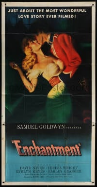 4w068 ENCHANTMENT 3sh 1949 art of David Niven & Teresa Wright kissing, from Rumer Godden novel!