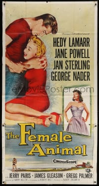 4w072 FEMALE ANIMAL 3sh 1958 art of Hedy Lamarr + Jane Powell & George Nader embracing!