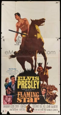 4w074 FLAMING STAR 3sh 1960 Elvis Presley on horseback with rifle, Barbara Eden, Don Siegel!