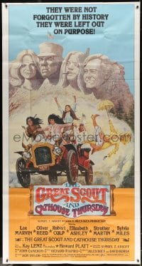 4w085 GREAT SCOUT & CATHOUSE THURSDAY 3sh 1976 wacky art of Lee Marvin & cast at Mount Rushmore!