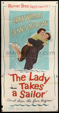 4w104 LADY TAKES A SAILOR 3sh 1949 great close up of Jane Wyman hugging boat captain Dennis Morgan!