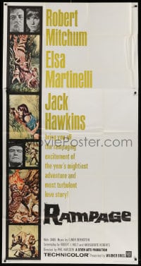 4w186 RAMPAGE 3sh 1963 Robert Mitchum & Elsa Martinelli in the African jungle, cool art!