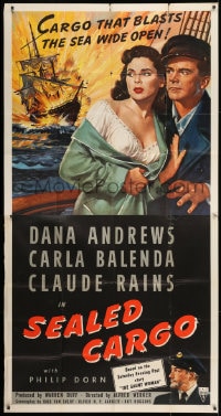 4w202 SEALED CARGO 3sh 1951 art of Dana Andrews & Balenda, cargo that blasts the sea wide open!