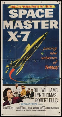 4w214 SPACE MASTER X-7 3sh 1958 satellite terror strikes the Earth, cool art of rocket ship!