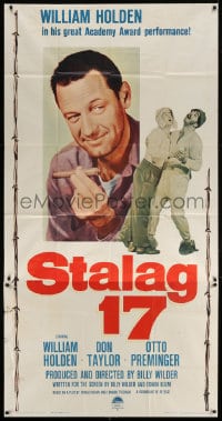 4w220 STALAG 17 3sh R1959 different huge c/u of William Holden, Billy Wilder WWII POW classic!