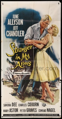 4w224 STRANGER IN MY ARMS 3sh 1959 art of Jeff Chandler holding pretty June Allyson!