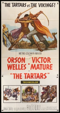 4w230 TARTARS 3sh 1961 great artwork of armored Victor Mature battling Orson Welles!