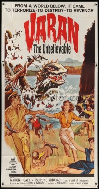 4w250 VARAN THE UNBELIEVABLE 3sh 1962 art of wacky dinosaur with hands destroying civilization!