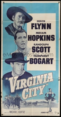 4w252 VIRGINIA CITY 3sh R1951 art of Errol Flynn, Humphrey Bogart & Randolph Scott, sexy Hopkins!