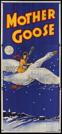 4w005 MOTHER GOOSE stage play English 3sh 1930s stone litho art of mom holding broom & riding goose!