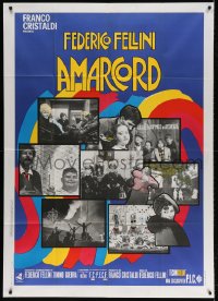 4w294 AMARCORD Italian 1p 1973 Federico Fellini classic comedy, colorful art + photo montage!