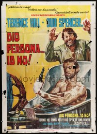 4w454 GOD FORGIVES I DON'T Italian 1p 1969 art of Terence Hill in bath pointing gun at Bud Spencer!