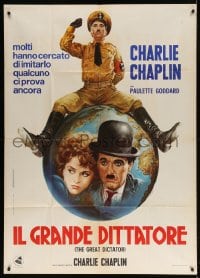 4w465 GREAT DICTATOR Italian 1p R1970s best art of Charlie Chaplin as Hynkel by Renato Casaro!