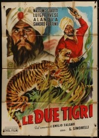 4w540 LE DUE TIGRI Italian 1p R1950s great art of Luigi Pavase as Sandokan fighting tigers, rare!