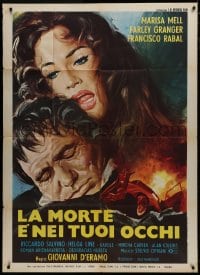 4w667 SAVAGE CITY Italian 1p 1975 art of sexy Marisa Mell & Farley Granger by exploding car!
