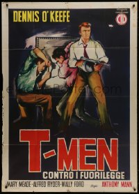 4w732 T-MEN Italian 1p R1950s Anthony Mann film noir, different Seba art of Dennis O'Keefe w/ gun!