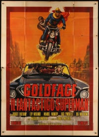4w863 GOLDFACE Italian 2p 1967 wacky Mos art of masked wrestler on motorcycle on top of car!
