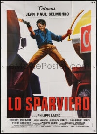 4w876 HUNTER WILL GET YOU Italian 2p 1976 Ciriello art of Jean-Paul Belmondo between two trucks!