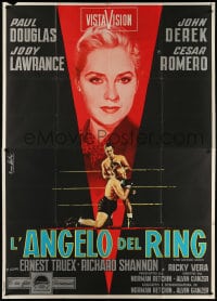 4w898 LEATHER SAINT Italian 2p 1957 different Nistri art of boxing priest John Derek in the ring!